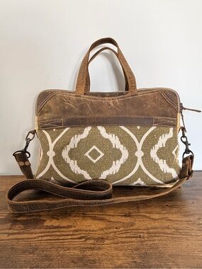 Myra Bag Molten Ikat Canvas Leather Messenger Crossbody Olive Cream Brown